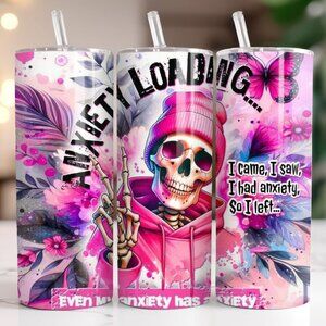 20 oz  Pink Anxiety Skeleton Hoodie Beanie Hat Floral Travel Tumbler New
